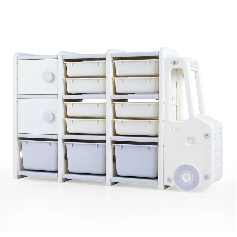 Kids Toy Storage Organizer Truck-shaped Toy Chest with 2 Cabinets and 11 Removable Bins-Grey by DirectDeals