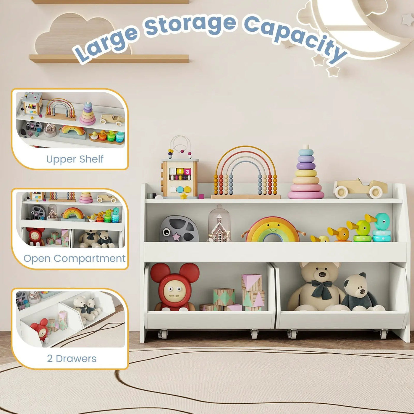 Kids Toy Storage Organizer Wooden Bookcase with 2 Movable Drawers by DirectDeals