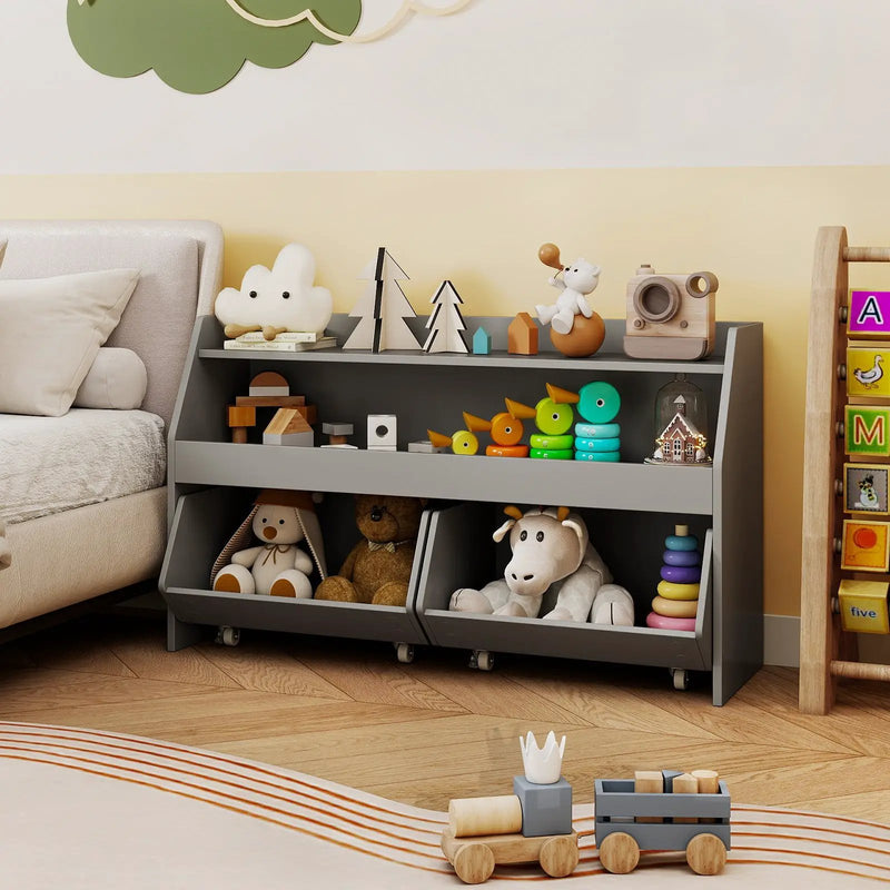 Kids Toy Storage Organizer Wooden Bookcase with 2 Movable Drawers by DirectDeals
