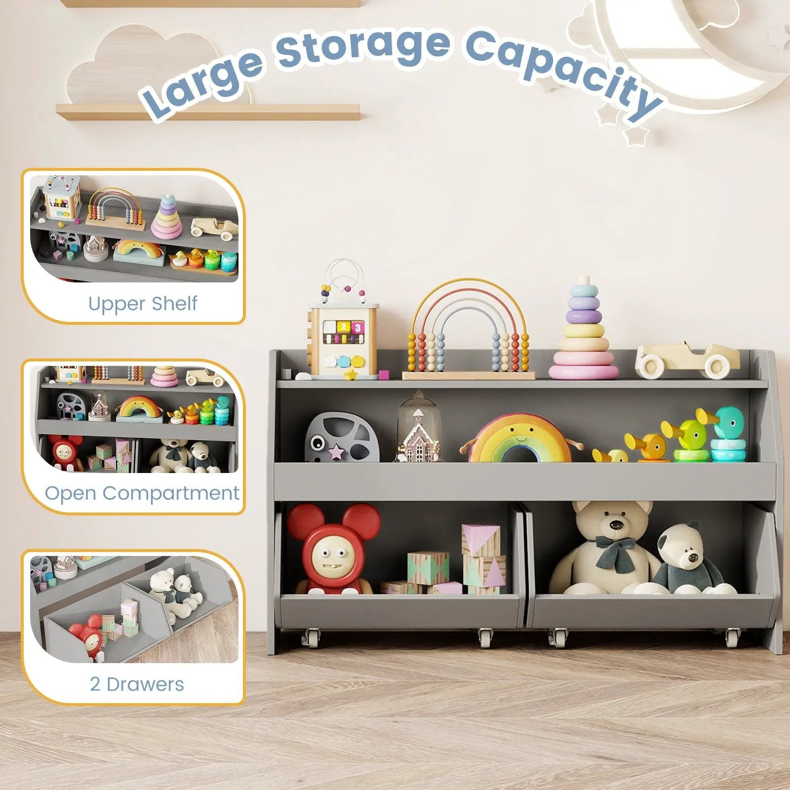Kids Toy Storage Organizer Wooden Bookcase with 2 Movable Drawers by DirectDeals