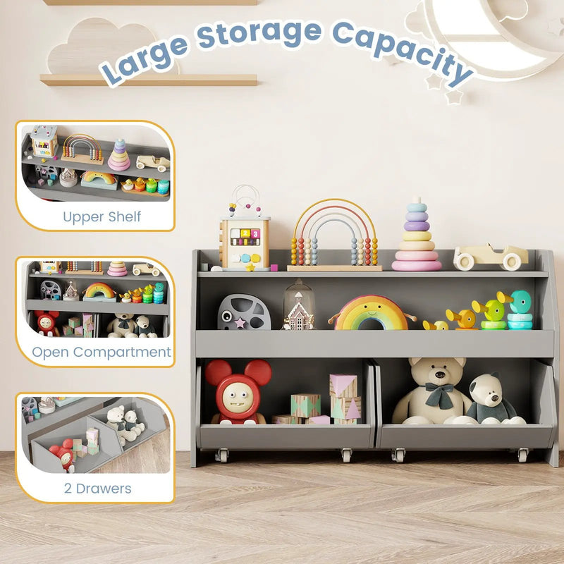 Kids Toy Storage Organizer Wooden Bookcase with 2 Movable Drawers by DirectDeals