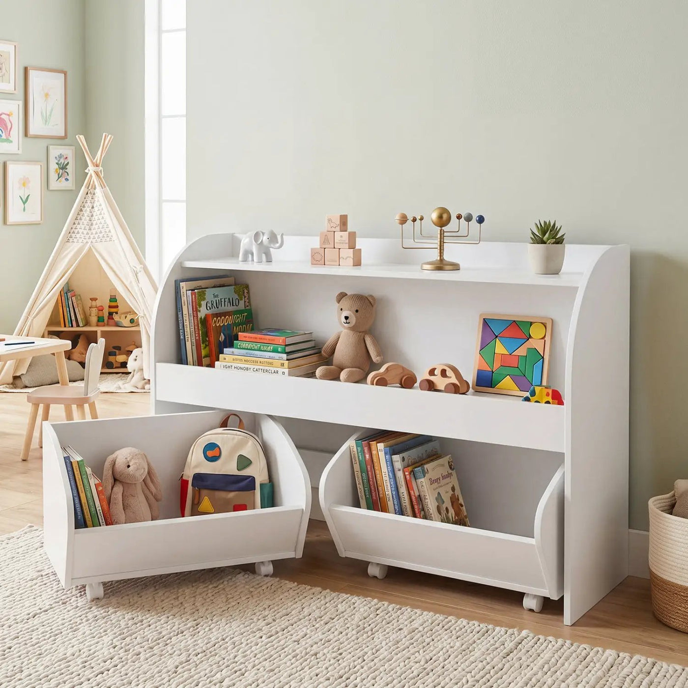 Kids Storage Organizer with Rolling Drawers & Bookshelf by DirectDeals