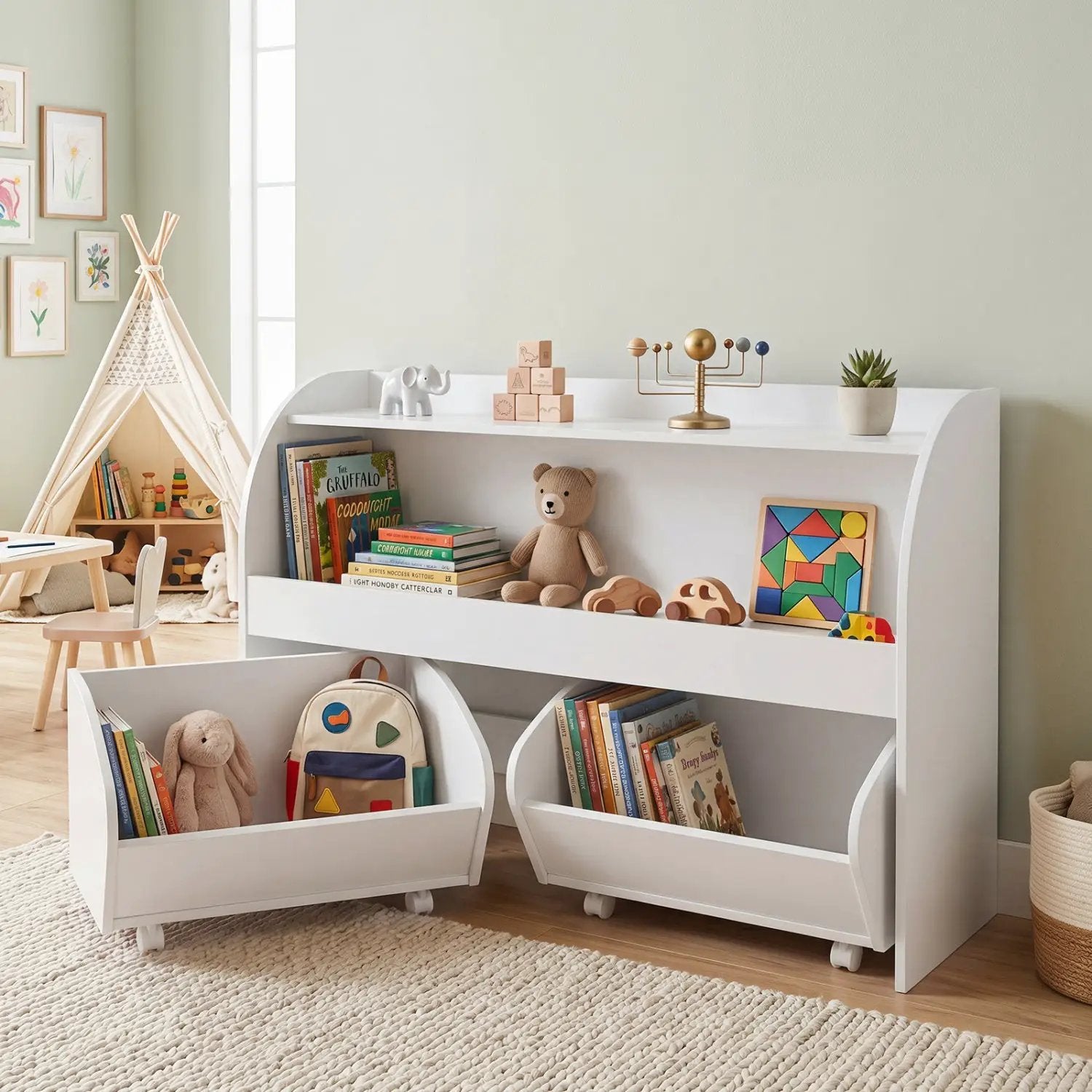 Kids Storage Organizer with Rolling Drawers & Bookshelf by DirectDeals