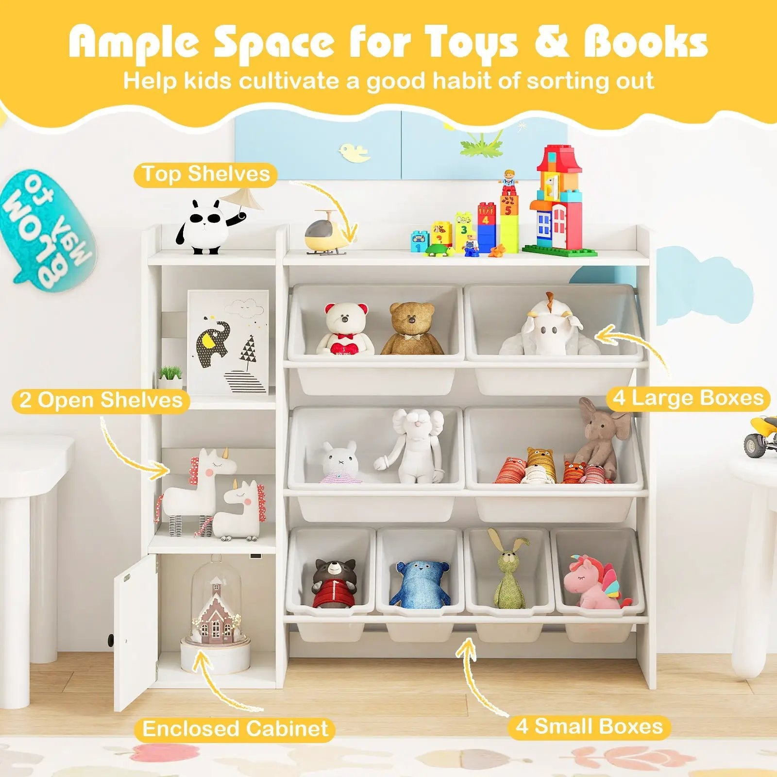 Kids Toy Storage and Bookshelf with Open Shelves and Single-door Cabinet by DirectDeals