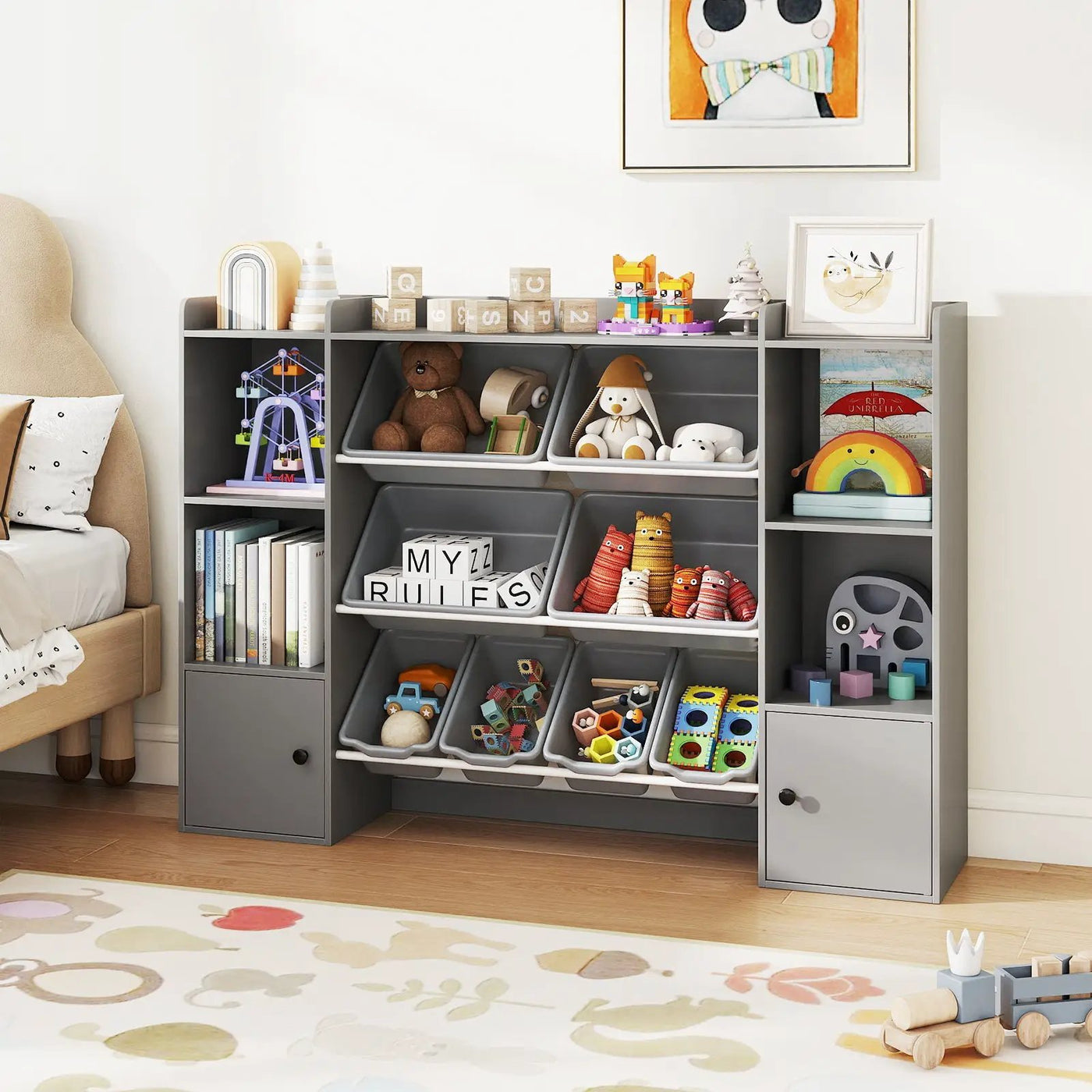 Kids Toy Storage and Bookshelf with Boxes and Open Shelves by DirectDeals