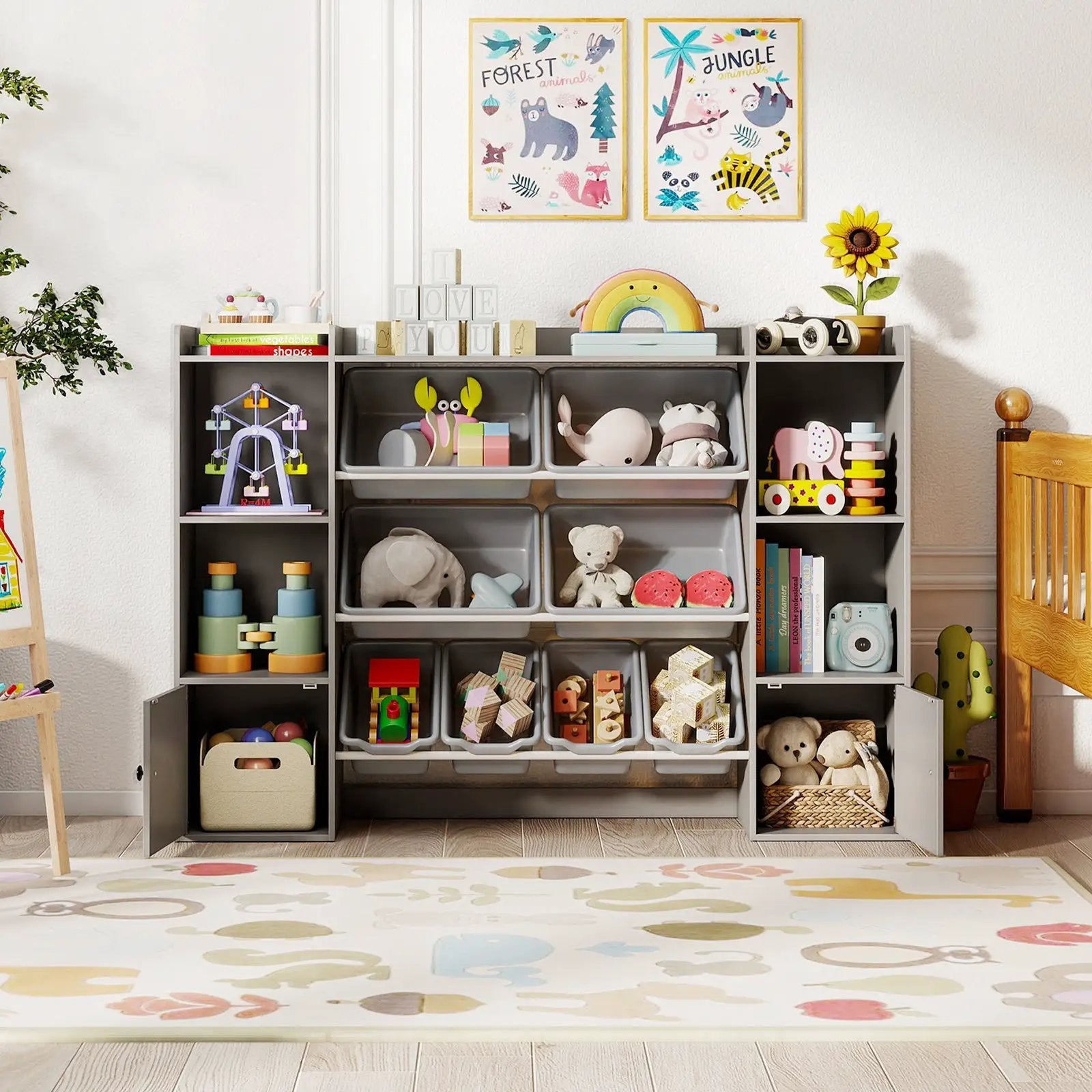 Kids Toy Storage and Bookshelf with Boxes and Open Shelves by DirectDeals