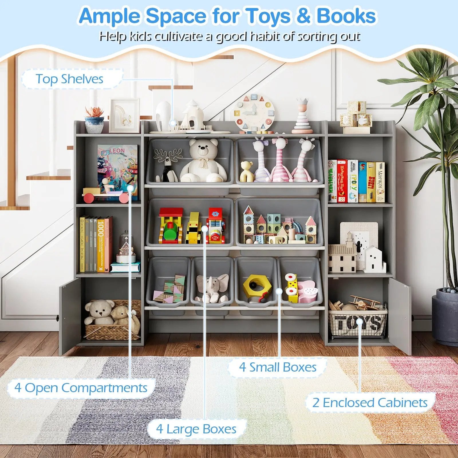 Kids Toy Storage and Bookshelf with Boxes and Open Shelves by DirectDeals