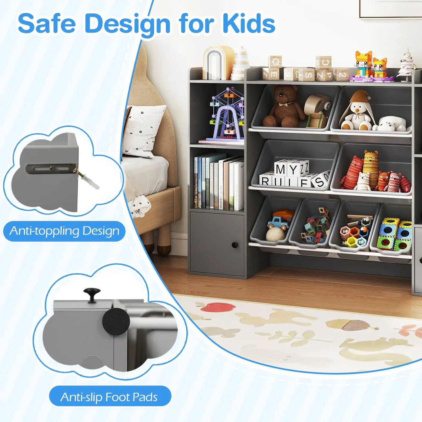 Kids Toy Storage and Bookshelf with Boxes and Open Shelves by DirectDeals