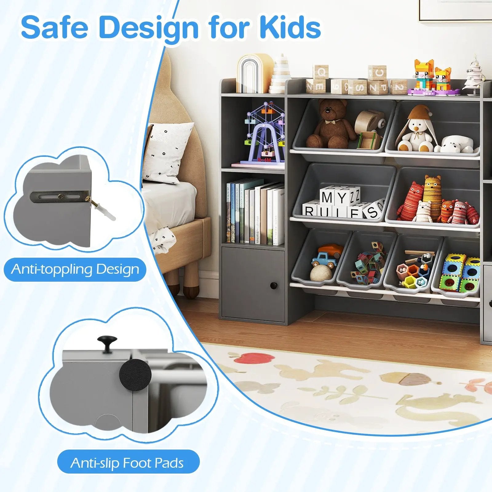 Kids Toy Storage and Bookshelf with Boxes and Open Shelves by DirectDeals