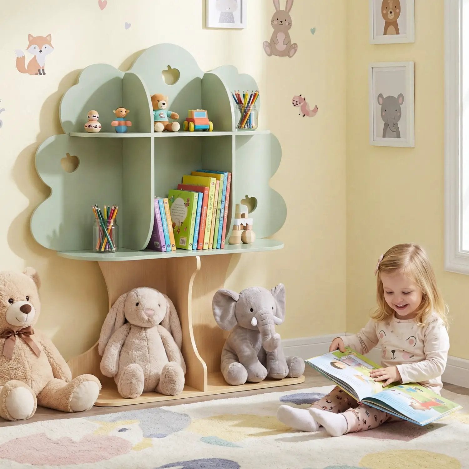 Kids Tree Bookshelf 45" Tall Freestanding Bookcase with Open Shelves-Green by DirectDeals