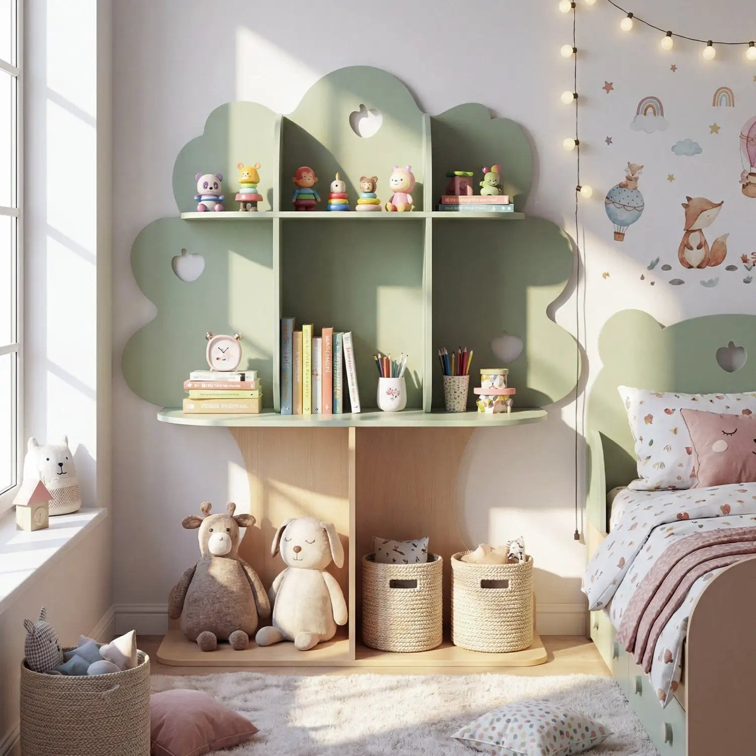 Kids Tree Bookshelf 45" Tall Freestanding Bookcase with Open Shelves-Green by DirectDeals