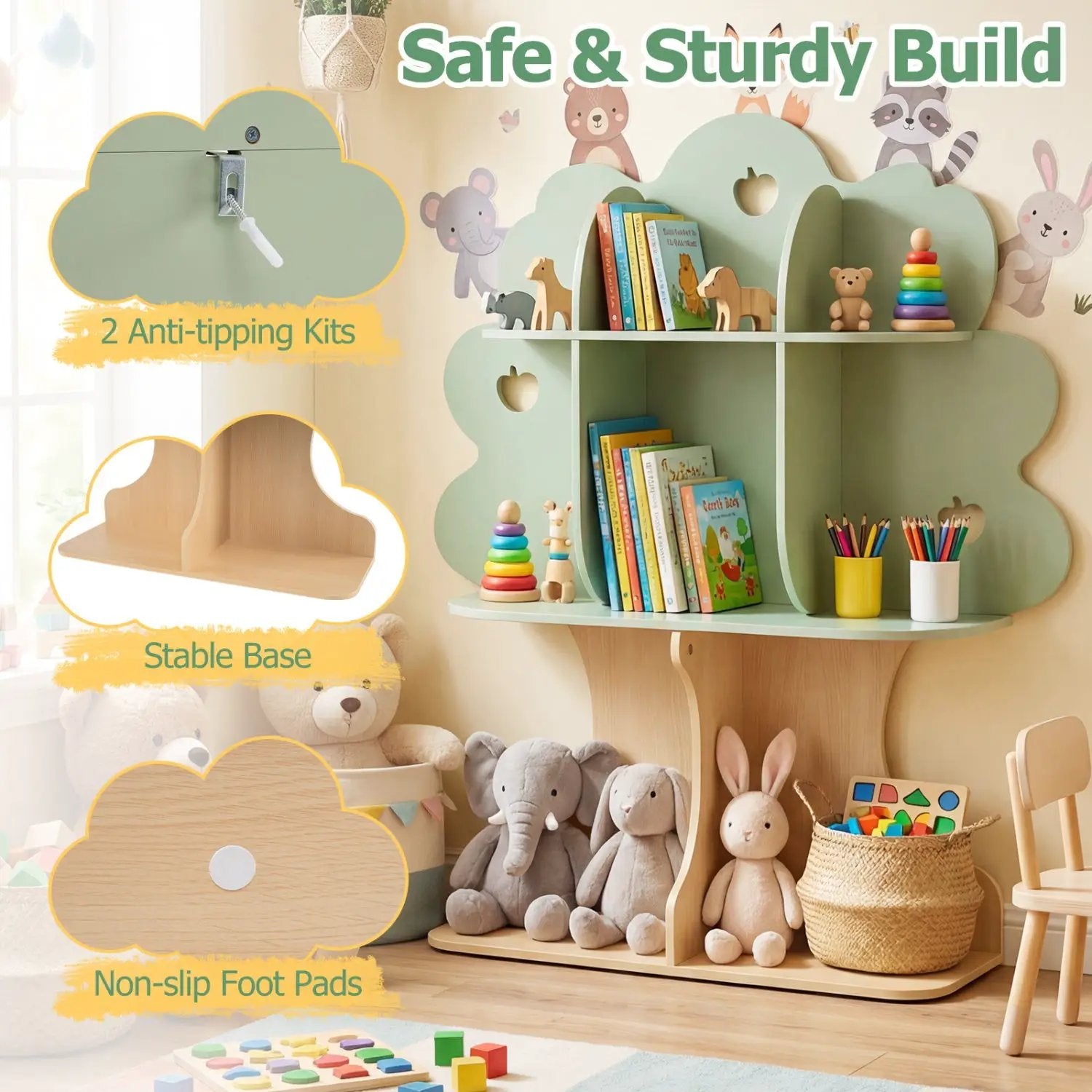 Kids Tree Bookshelf 45" Tall Freestanding Bookcase with Open Shelves-Green by DirectDeals