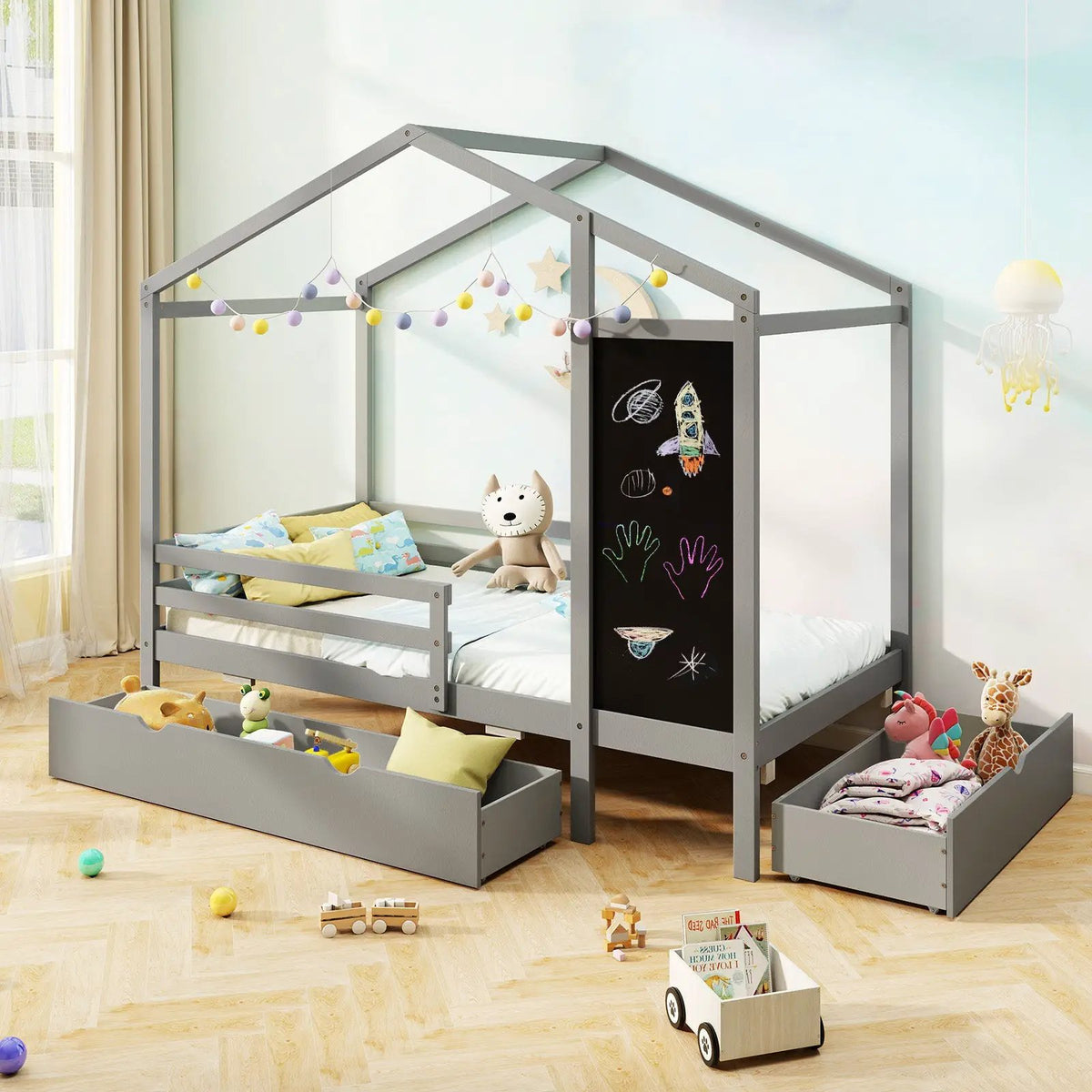 Kids Twin Size Bed with 2 Drawers Solid Wood Bed with Blackboard by DirectDeals