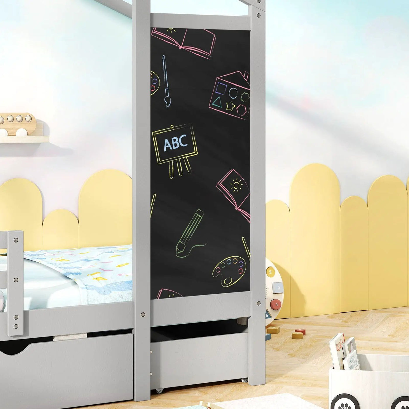 Kids Twin Size Bed with 2 Drawers Solid Wood Bed with Blackboard by DirectDeals