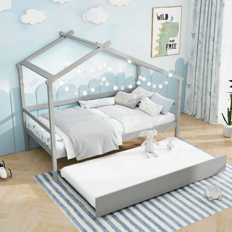 Kids Twin Size House Bed with Trundle and Roof by DirectDeals