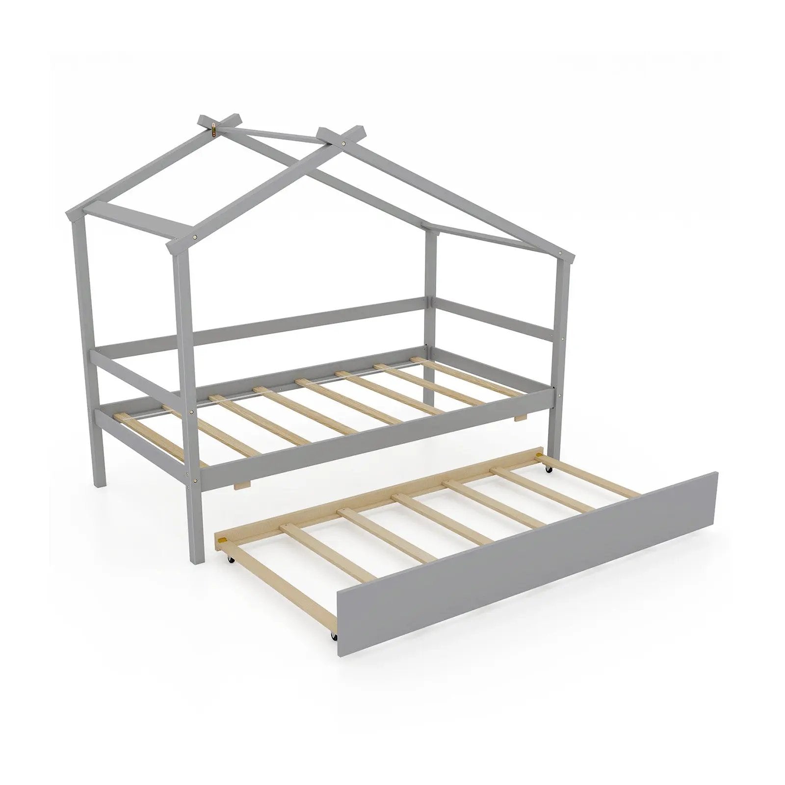 Kids Twin Size House Bed with Trundle and Roof by DirectDeals