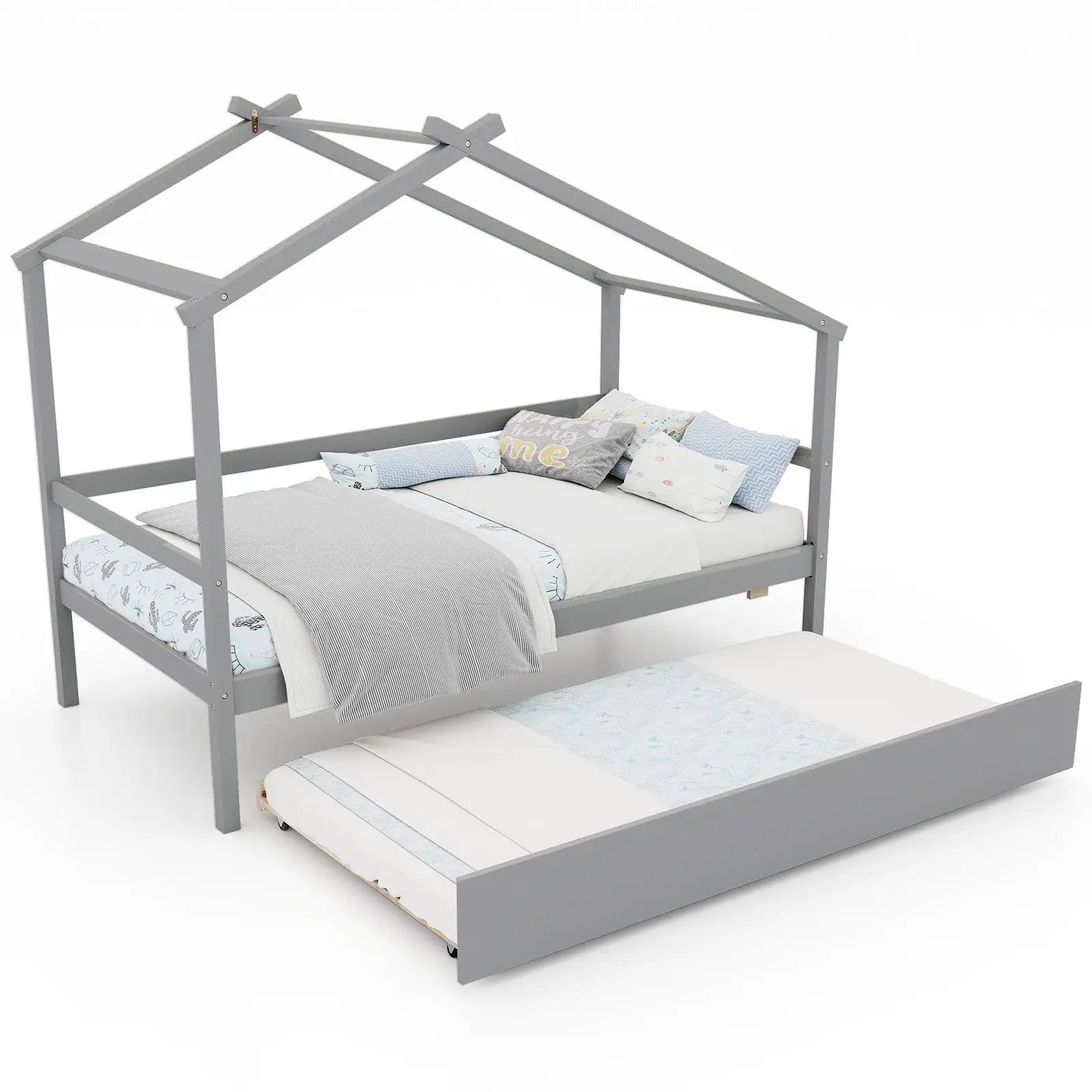 Kids Twin Size House Bed with Trundle and Roof by DirectDeals