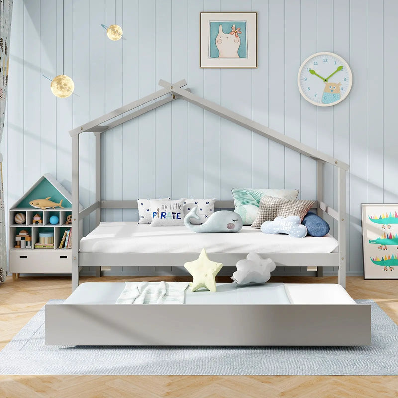 Kids Twin Size House Bed with Trundle and Roof by DirectDeals