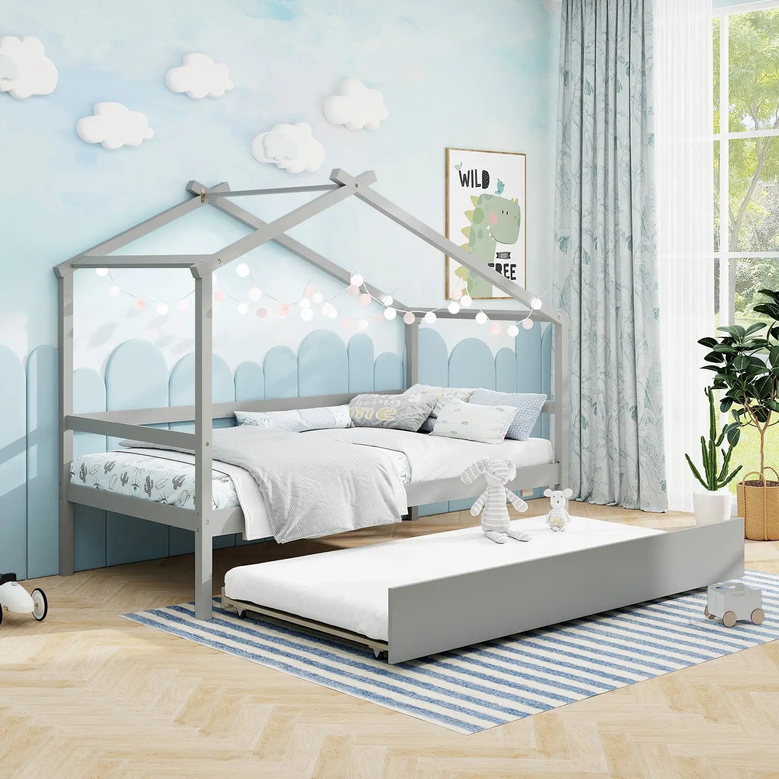 Kids Twin Size House Bed with Trundle and Roof by DirectDeals