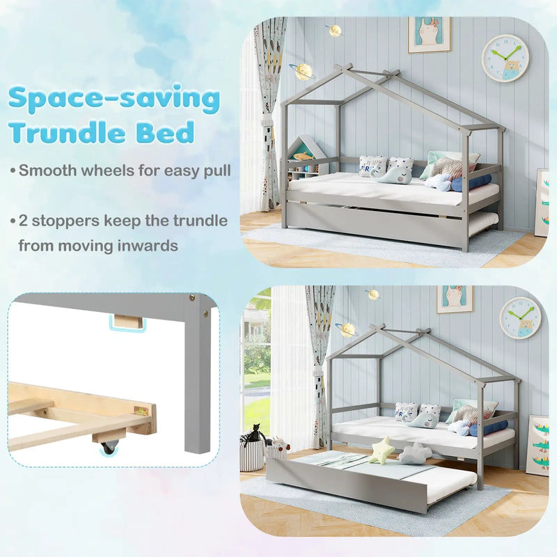 Kids Twin Size House Bed with Trundle and Roof by DirectDeals