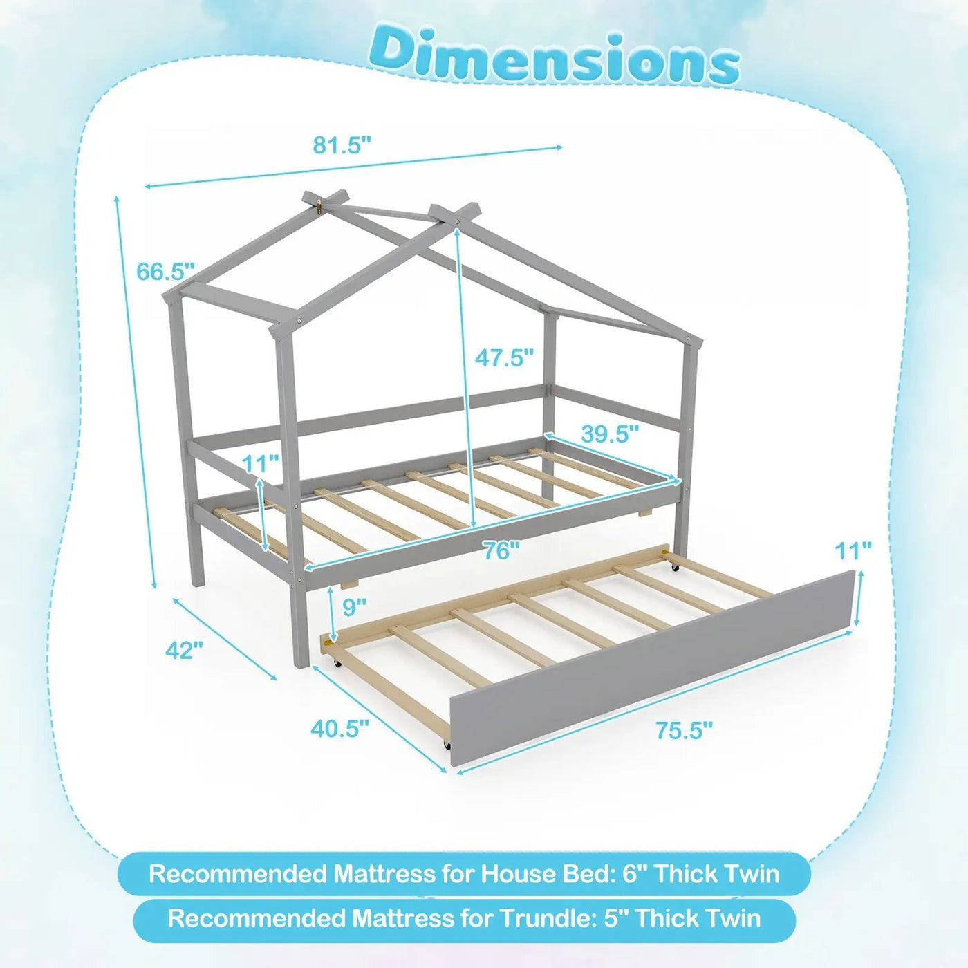 Kids Twin Size House Bed with Trundle and Roof by DirectDeals
