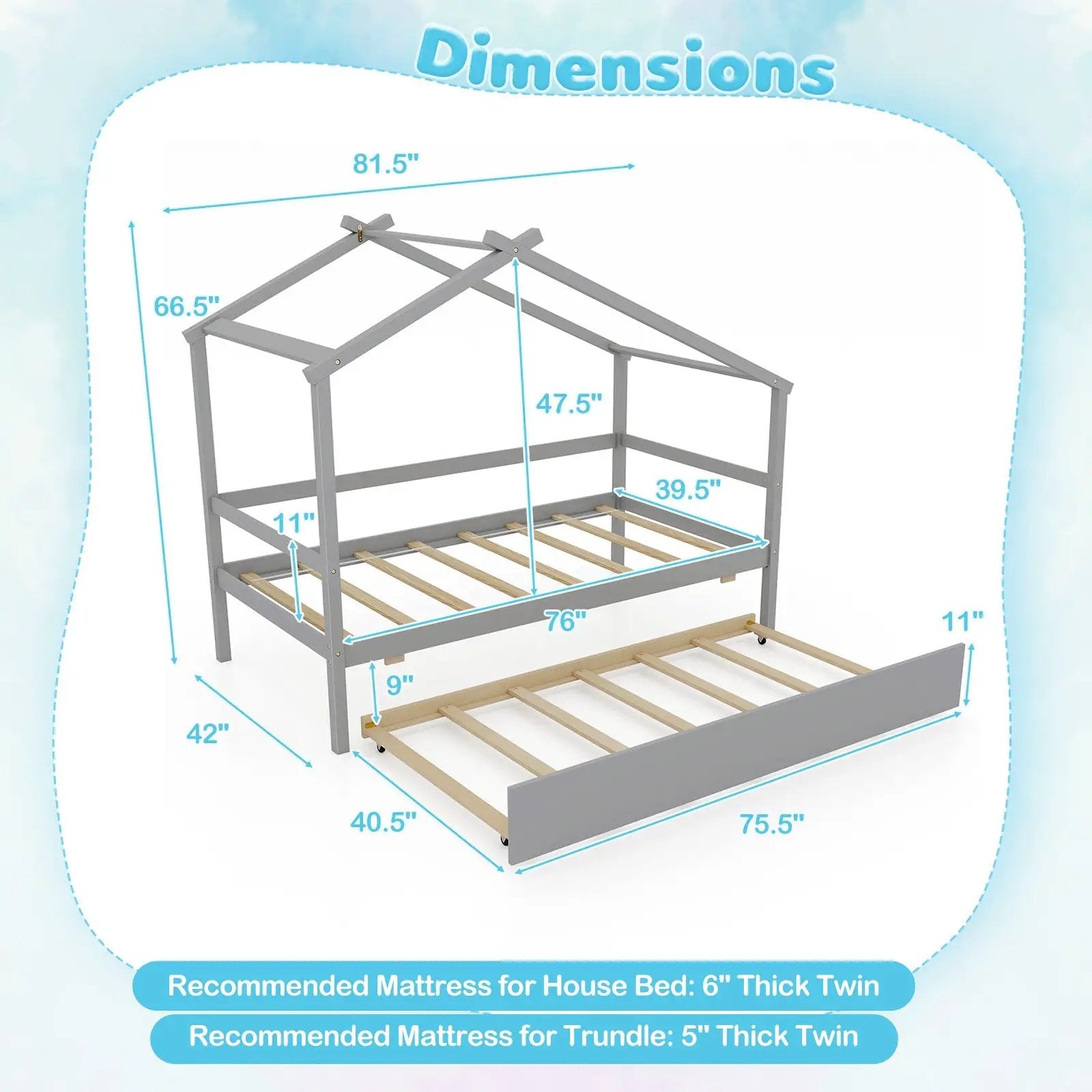 Kids Twin Size House Bed with Trundle and Roof by DirectDeals