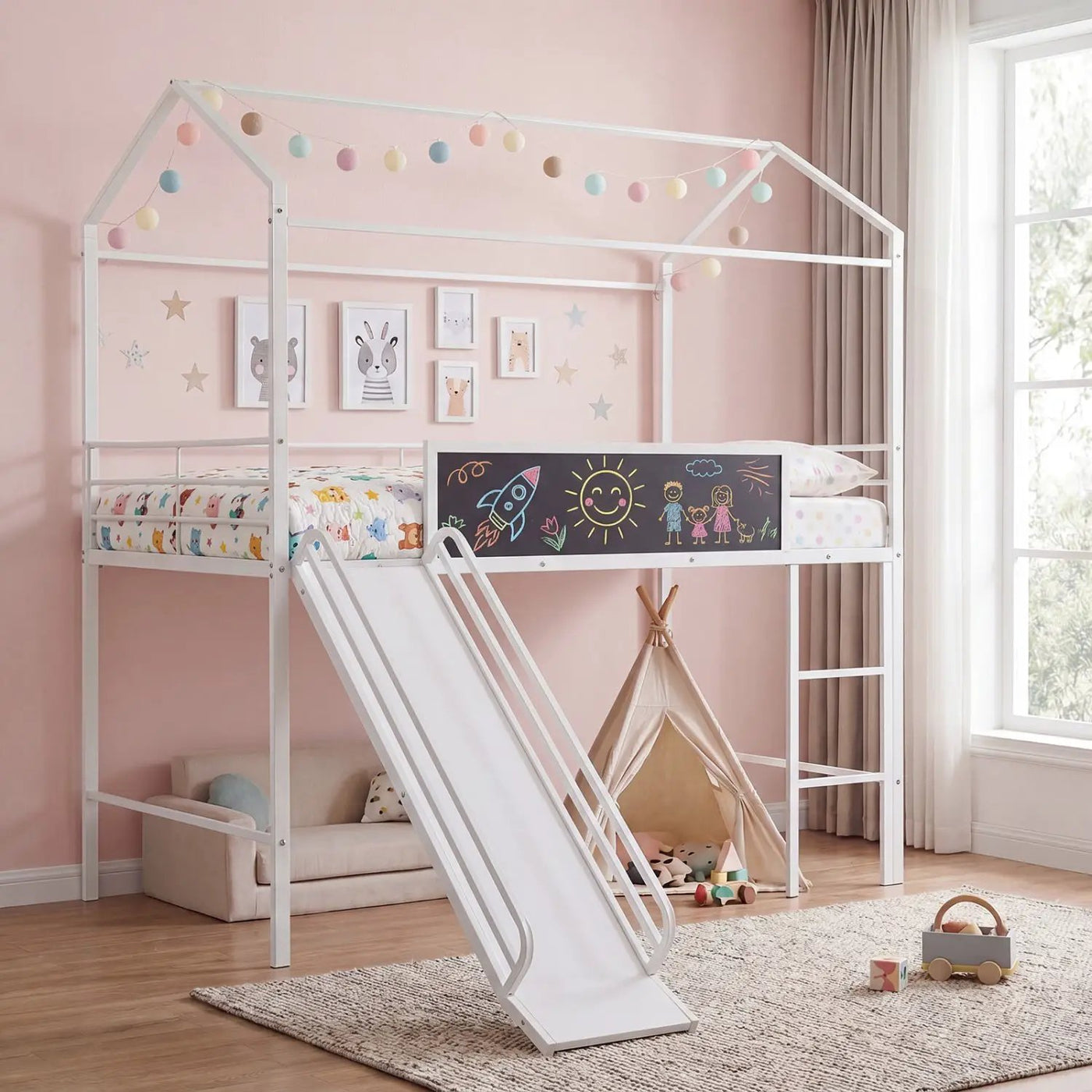 Kids Twin Size Loft Bed with Ladder and Slide for Bedroom by DirectDeals
