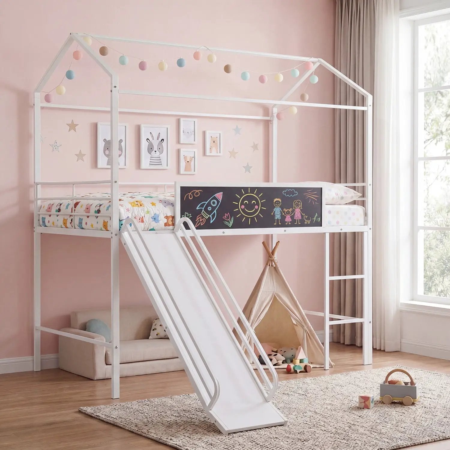 Kids Twin Size Loft Bed with Ladder and Slide for Bedroom by DirectDeals