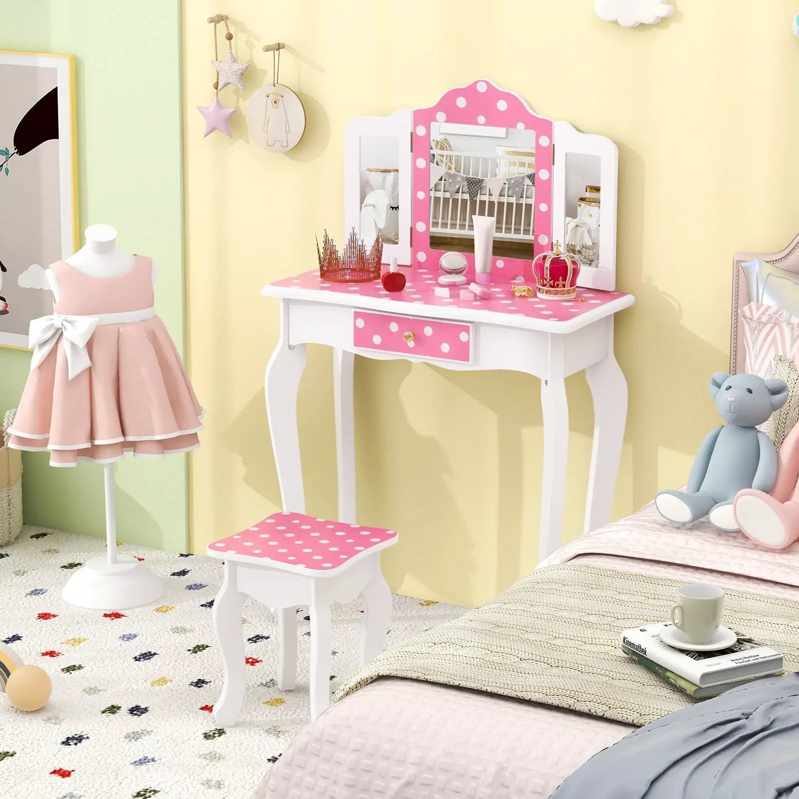 Princess Pretend Play Makeup Dressing Table with Cute Polka Dot Print-Pink by DirectDeals