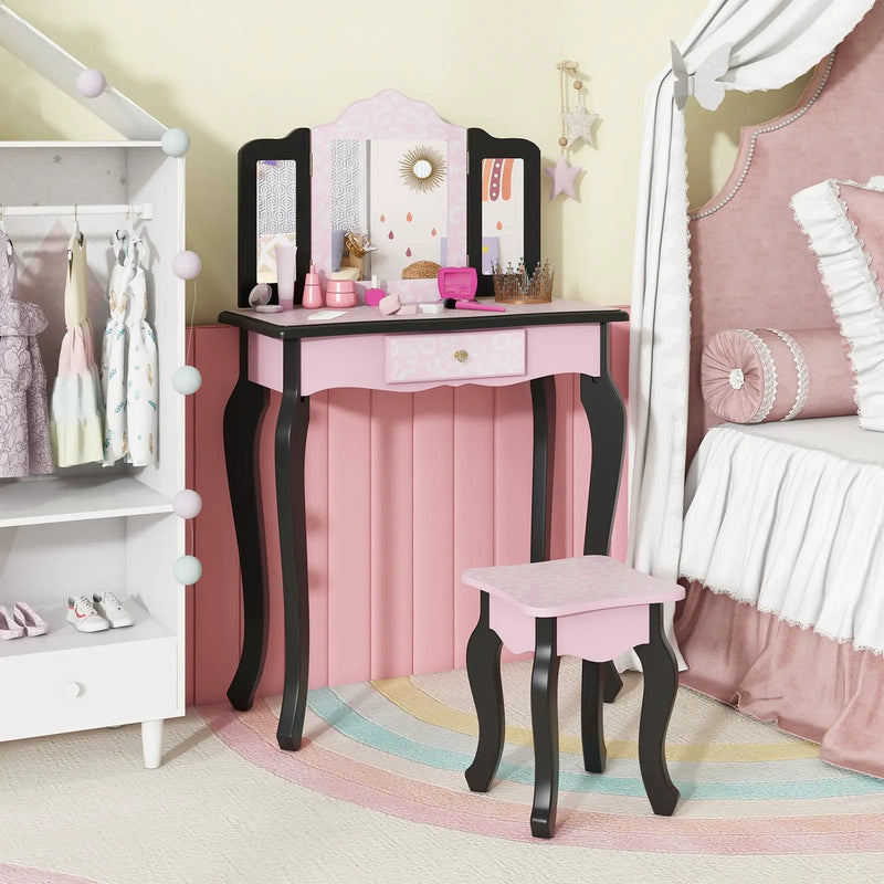 2 in 1 Princess Dressing Table Writing Desk with Cute Leopard Print 3 Makeup Accessories-Pink by DirectDeals