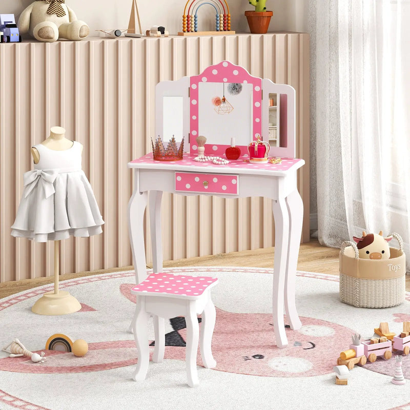 Princess Pretend Play Makeup Dressing Table with Cute Polka Dot Print-Pink by DirectDeals