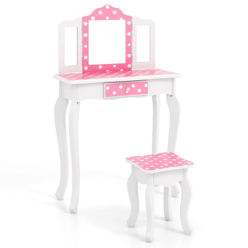 Princess Pretend Play Makeup Dressing Table with Cute Polka Dot Print-Pink by DirectDeals