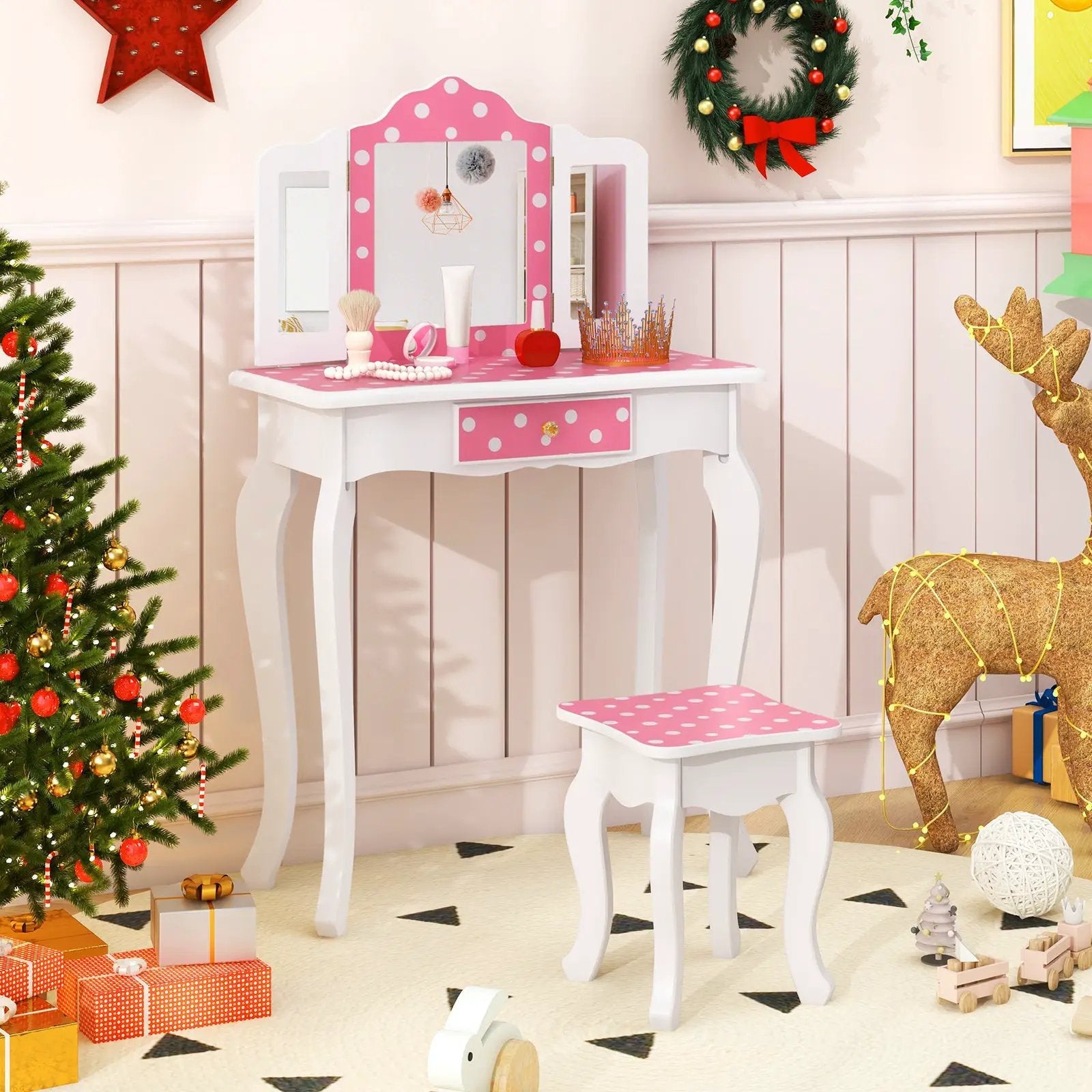 Princess Pretend Play Makeup Dressing Table with Cute Polka Dot Print-Pink by DirectDeals