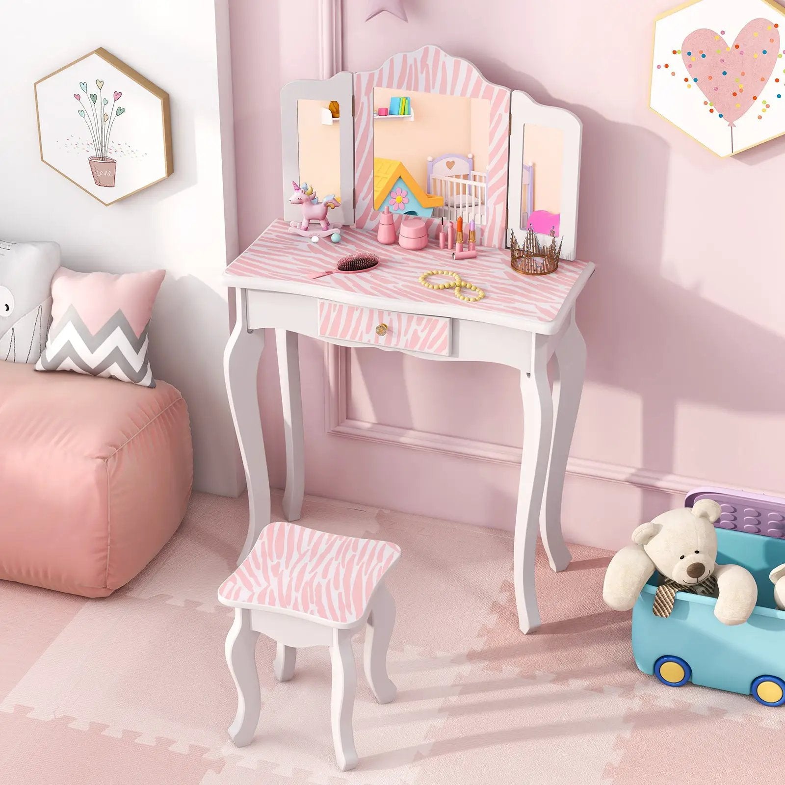 Kids Vanity Set with Drawer and 3 Makeup Accessories-Pink by DirectDeals