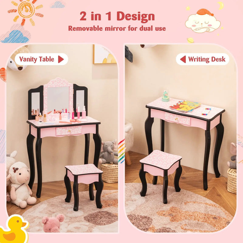 2 in 1 Princess Dressing Table Writing Desk with Cute Leopard Print 3 Makeup Accessories-Pink by DirectDeals