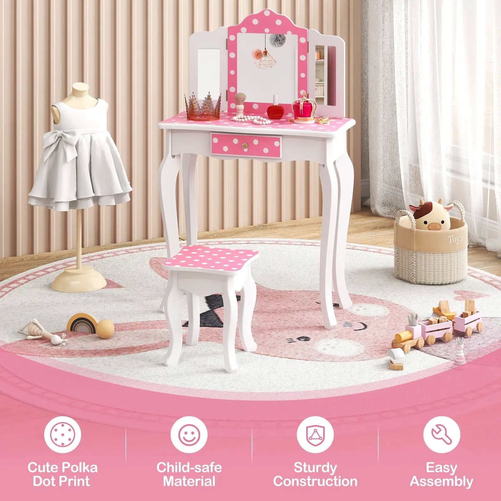 Princess Pretend Play Makeup Dressing Table with Cute Polka Dot Print-Pink by DirectDeals