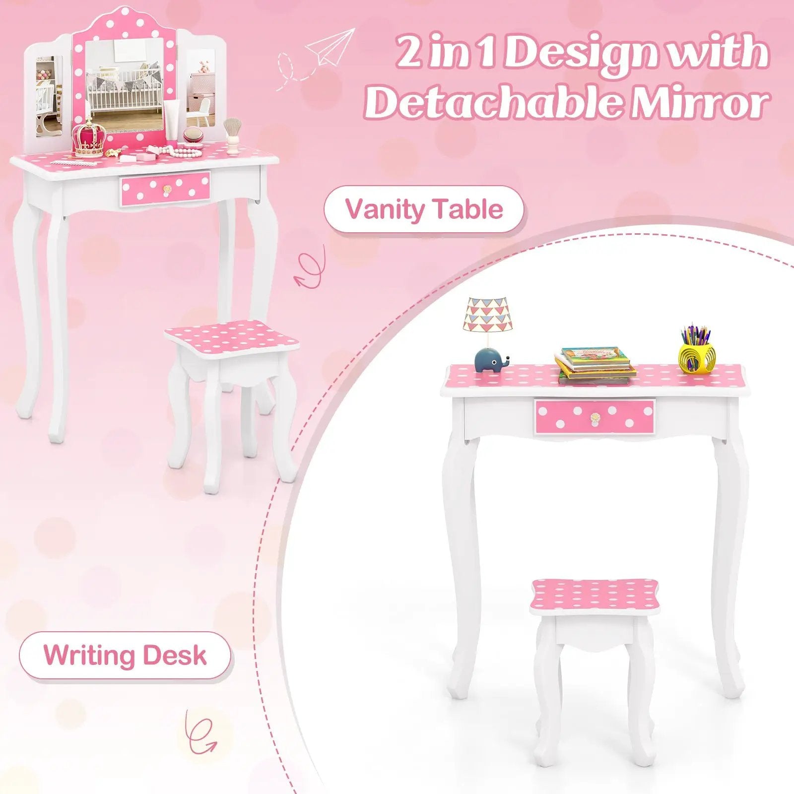 Princess Pretend Play Makeup Dressing Table with Cute Polka Dot Print-Pink by DirectDeals