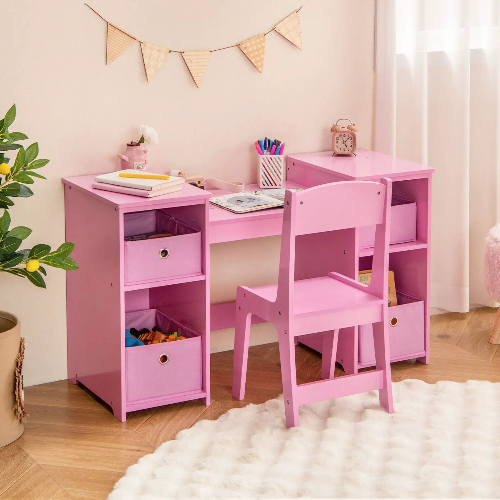 Kids Vanity Table and Chair Set with Removable Mirrors and 4 Storage Bins by DirectDeals