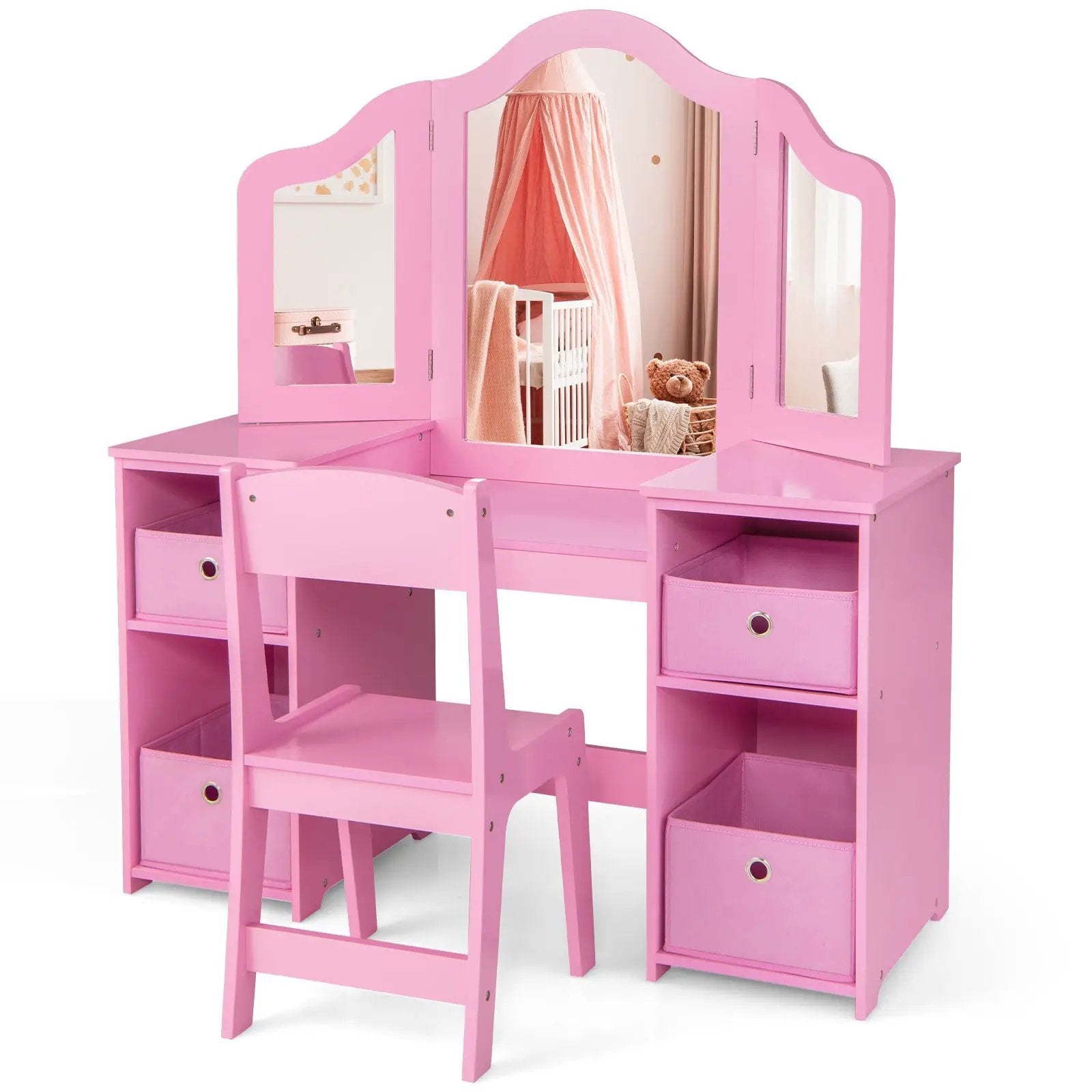 Kids Vanity Table and Chair Set with Removable Mirrors and 4 Storage Bins by DirectDeals