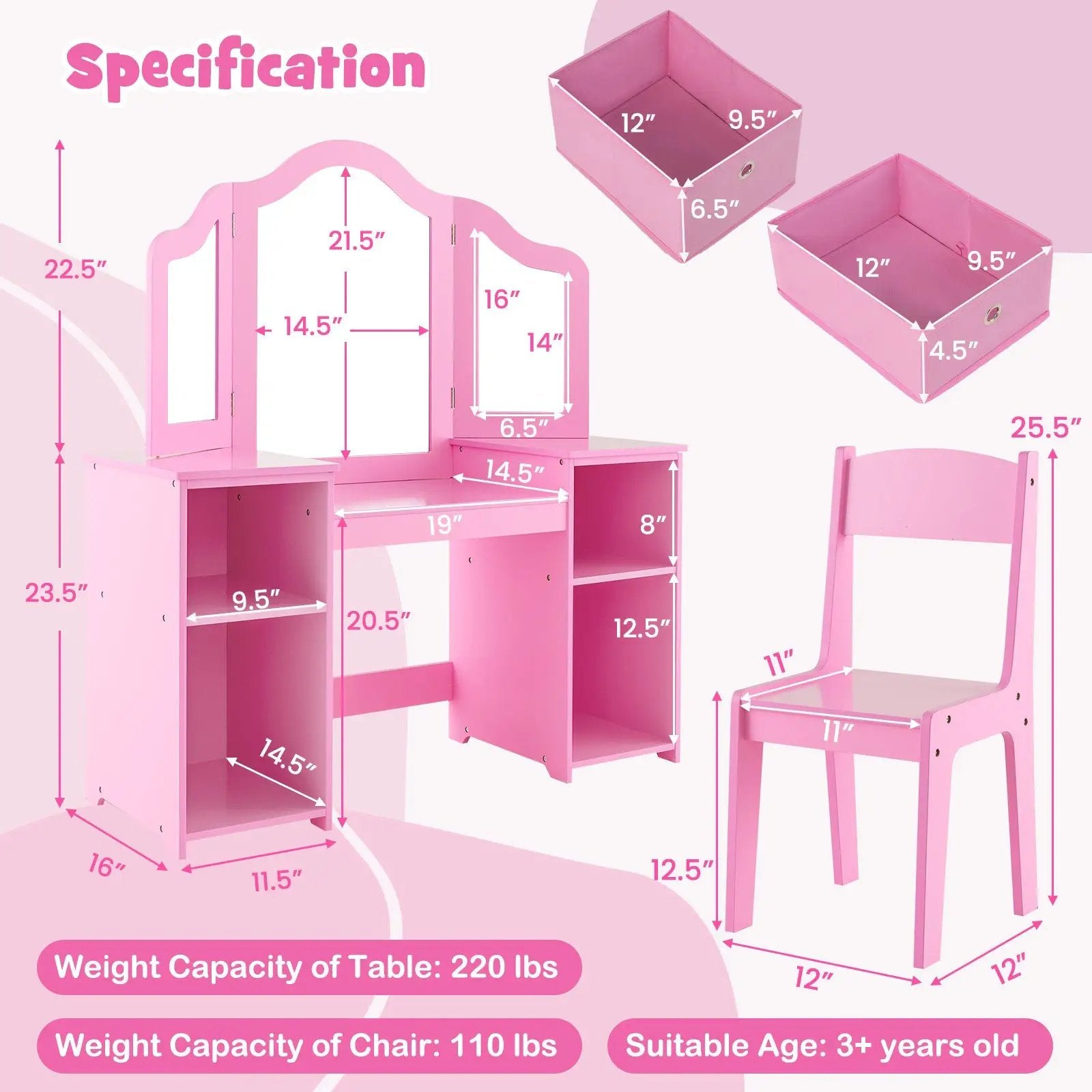 Kids Vanity Table and Chair Set with Removable Mirrors and 4 Storage Bins by DirectDeals