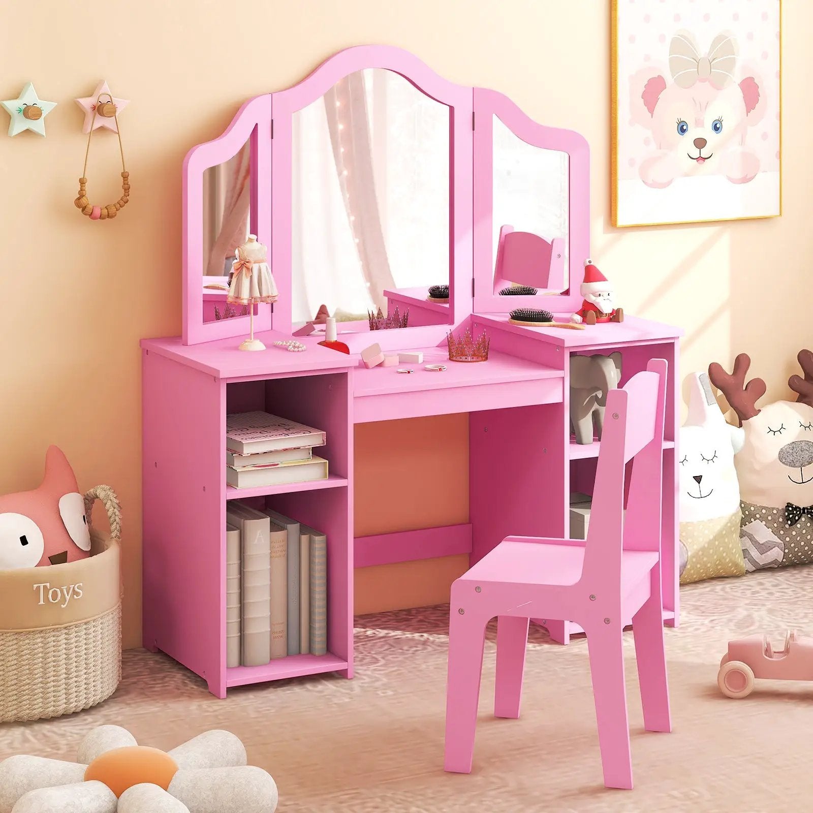 Kids Vanity Table and Chair Set with Removable Tri-Folding Mirror by DirectDeals