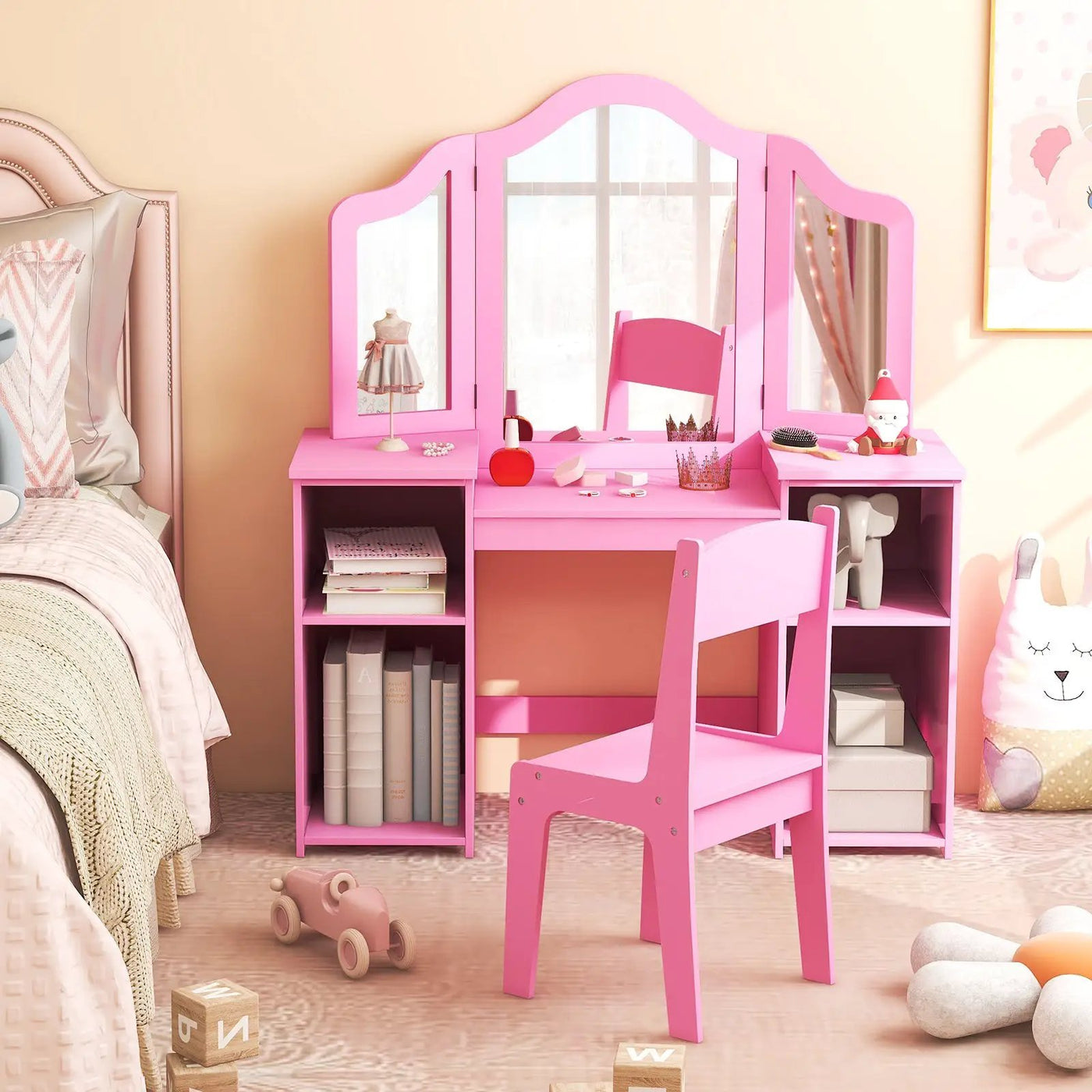 Kids Vanity Table and Chair Set with Removable Tri-Folding Mirror by DirectDeals