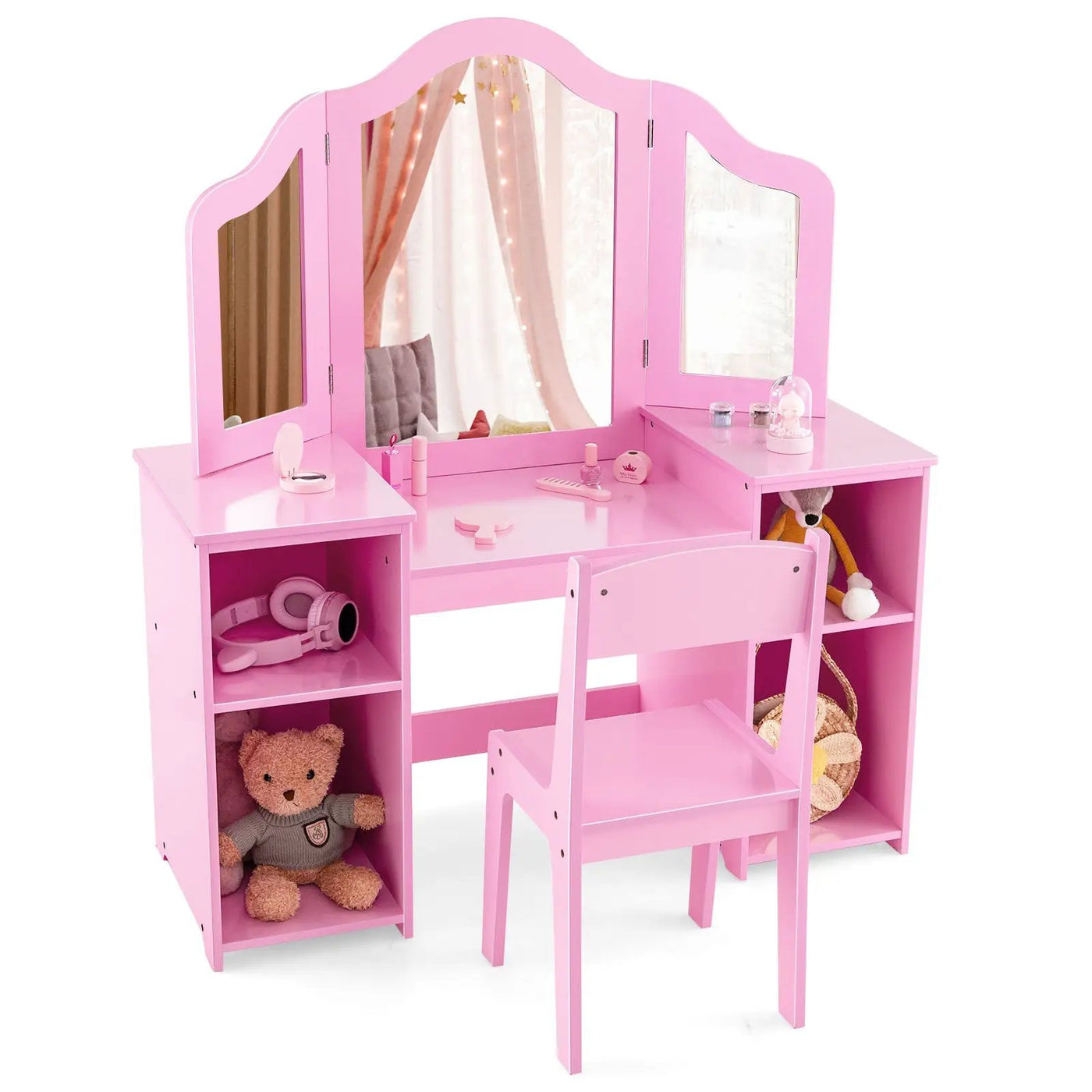Kids Vanity Table and Chair Set with Removable Tri-Folding Mirror by DirectDeals