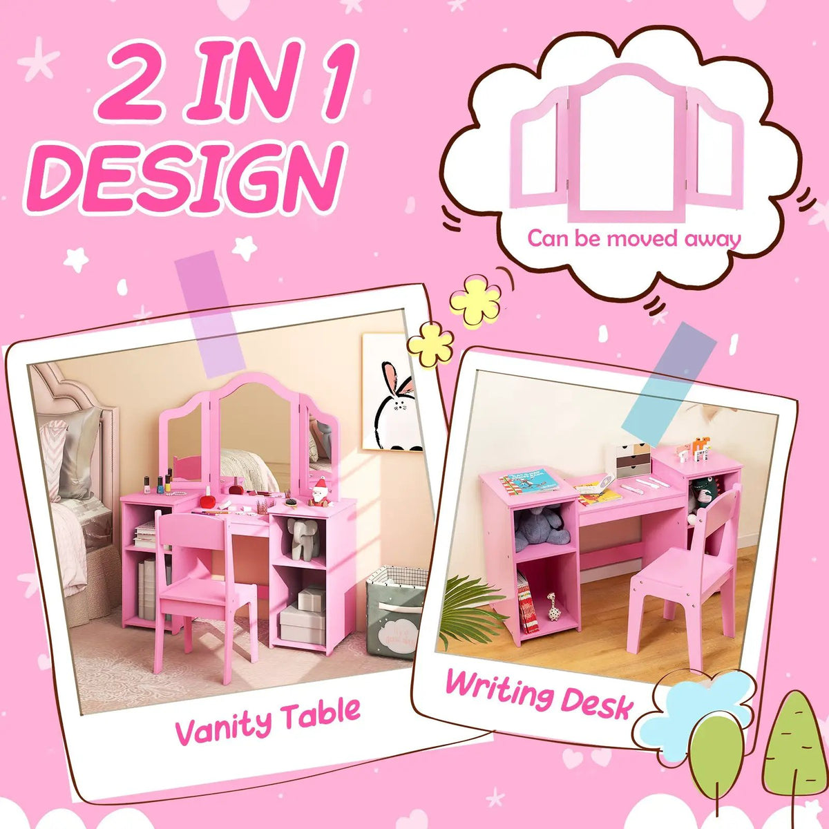 Kids Vanity Table and Chair Set with Removable Tri-Folding Mirror by DirectDeals