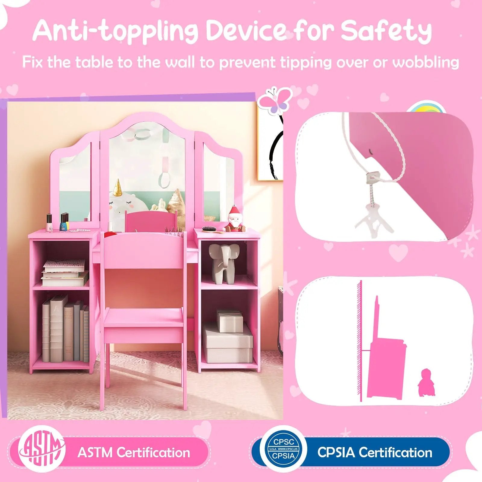 Kids Vanity Table and Chair Set with Removable Tri-Folding Mirror by DirectDeals