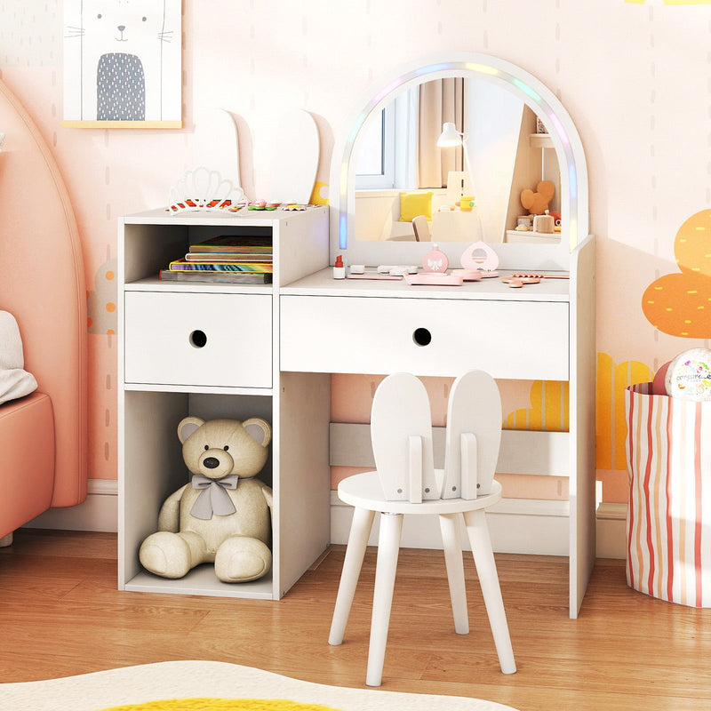 Kids Vanity Desk and Chair Set with Lights Open Shelves by DirectDeals