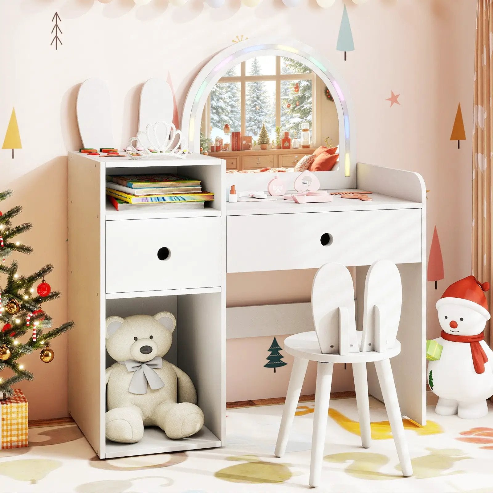 Kids Vanity Desk and Chair Set with Lights Open Shelves by DirectDeals