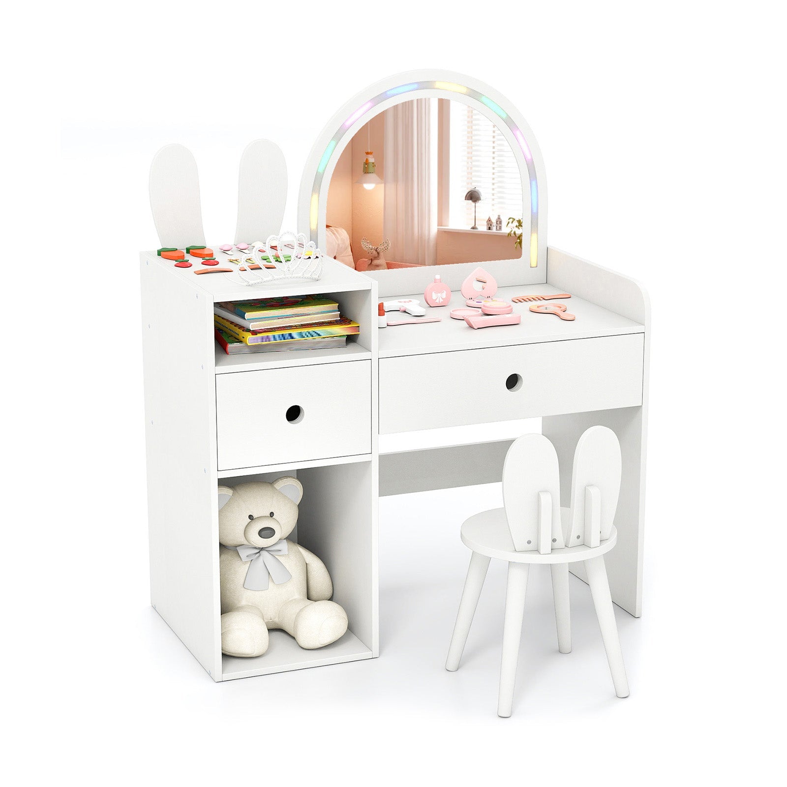 Kids Vanity Desk and Chair Set with Lights Open Shelves by DirectDeals