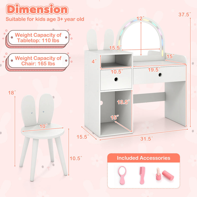 Kids Vanity Desk and Chair Set with Lights Open Shelves by DirectDeals