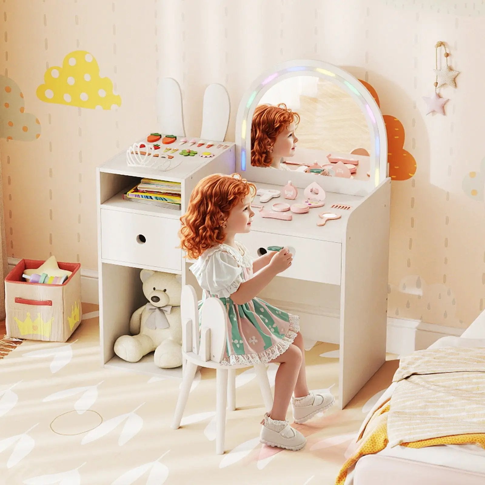 Kids Vanity Desk and Chair Set with Lights Open Shelves by DirectDeals